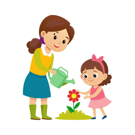 Cartoon mother and daughter planting flower, gardening together with watering can, vector illustrationのイラスト素材