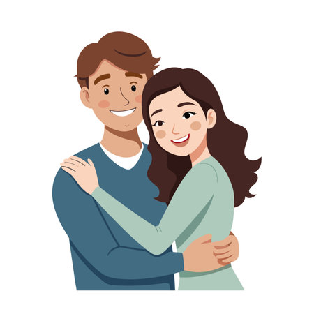 Cartoon illustration of a smiling couple in an embrace, showing affection and happiness togetherのイラスト素材
