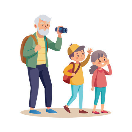 Cartoon illustration of grandfather with binoculars and grandchildren on a nature explorationのイラスト素材