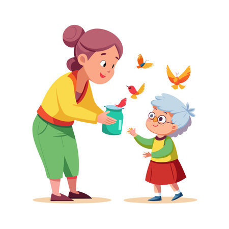 Woman releasing birds for a child in a colorful, cartoon-style illustration evoking joyのイラスト素材