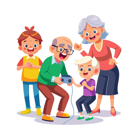 Grandparents and Grandchildren Play Together with a Vintage Toy Console in a Family Settingのイラスト素材