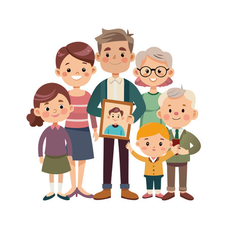 Cartoon family portrait with three generations, father holding photograph, vector illustration on whiteのイラスト素材