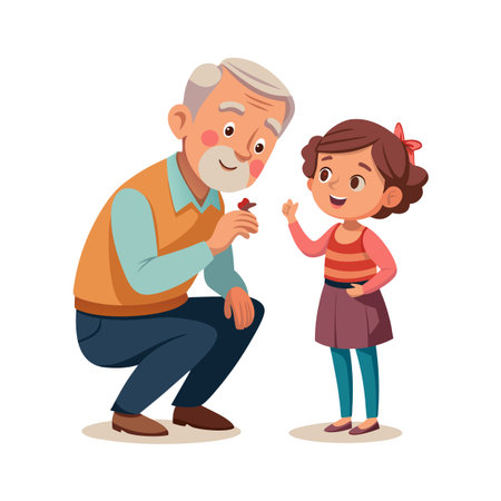 Grandfather shares a flower with granddaughter, nurturing relationship in colorful cartoon style vector illustrationのイラスト素材