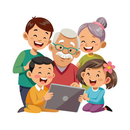 Smiling multigenerational family gathered around a tablet, bonding and connecting through technology on white backgroundのイラスト素材