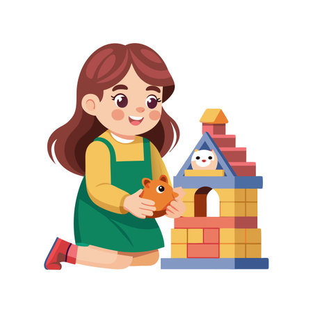 Young girl playing with building blocks and a toy rodent in vector illustrationのイラスト素材
