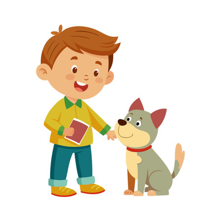 Smiling boy gently touches his gray dog, friendship and love, cartoon style illustrationのイラスト素材
