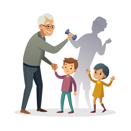 Grandfather working out with dumbbell casting shadow while grandchildren reaching up for fist bumpのイラスト素材
