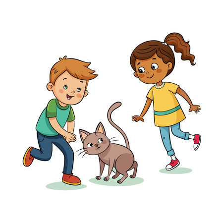 Cartoon illustration of two children interacting joyfully with their pet cat in a playful sceneのイラスト素材