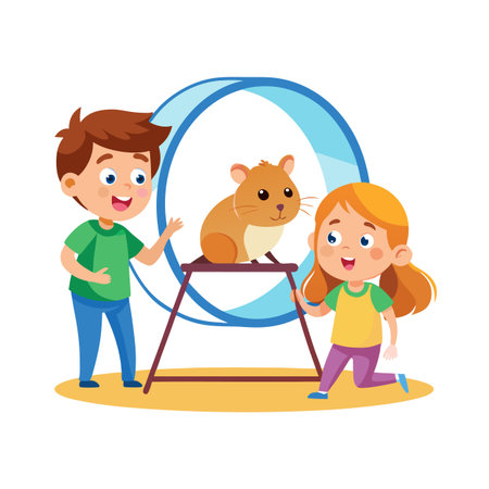 Illustration of children observing a cute hamster sitting on top of its wheelのイラスト素材