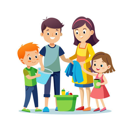 Happy family working together doing household chores and cleaning up in a flat style illustrationのイラスト素材