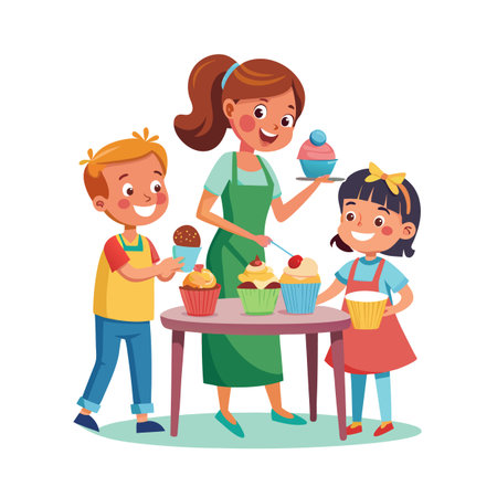 Mother and children baking cupcakes together cartoon style illustration with light pastel colorsのイラスト素材
