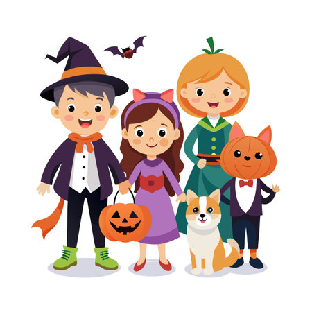 Illustration of children in Halloween costumes and pet dog on white backgroundのイラスト素材