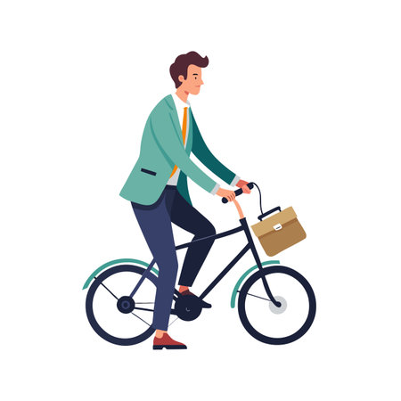 Man commuting to work on bicycle wearing business attire and carrying briefcase isolated on whiteのイラスト素材