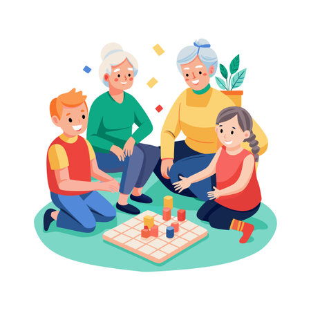 Two Grandmothers and Grandchildren Playing a Stacking Block Game, Enjoying Quality Time Together at Homeのイラスト素材