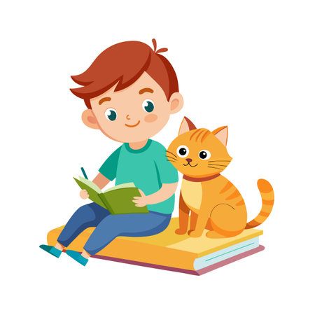 Boy reading a book with his pet cat sitting on a stack of booksのイラスト素材