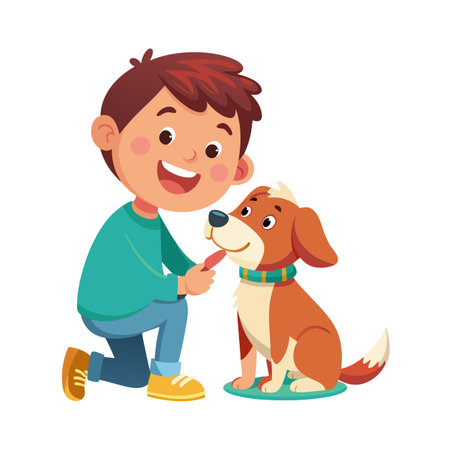 A boy gives a treat to his puppy in a cartoon flat-style vector imageのイラスト素材