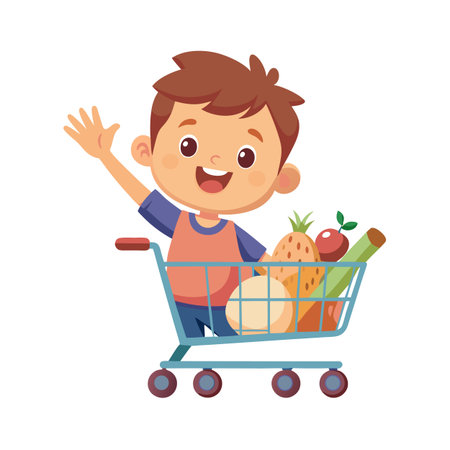 Cartoon Boy with Shopping Cart Full of Groceries Waving Happy to Be Shoppingのイラスト素材