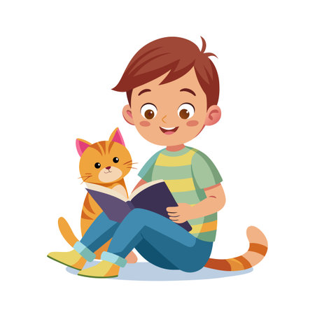 Young boy reading book together with a tabby cat in colorful cartoon illustrationのイラスト素材