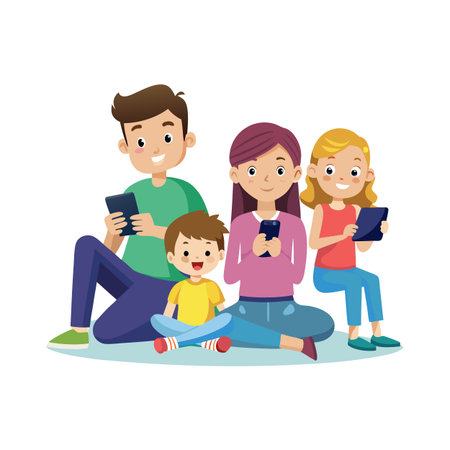Happy family using digital devices sitting together illustration on a white backgroundのイラスト素材