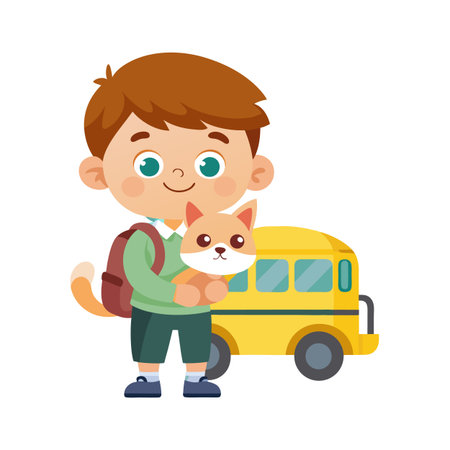 Boy with Cat, School Bus: Back to School Illustration, Transportation, Education, Flat Designのイラスト素材