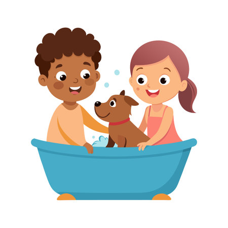 Children giving their dog a bath in a tub filled with water and bubblesのイラスト素材