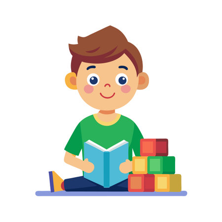 A young boy sits reading a book next to a stack of colorful building blocksのイラスト素材