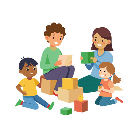Teacher and children play together with toy blocks indoors learning and kindergarten conceptのイラスト素材