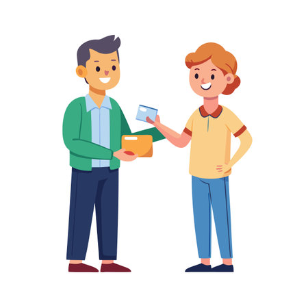 Cartoon man receiving a business card from another man standing in front of himのイラスト素材