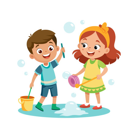 Two cheerful children happily making and playing with soap bubbles in a playful sceneのイラスト素材