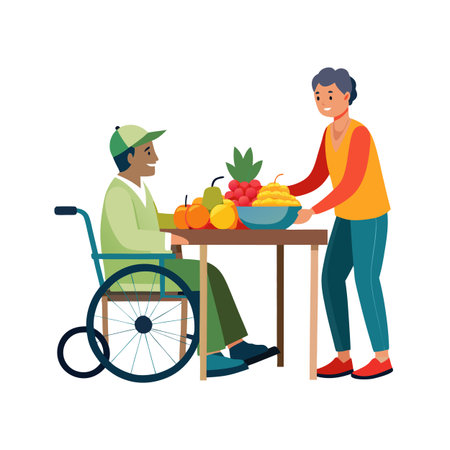 Vector Illustration of Smiling Woman Bringing Fresh Fruits to Man in Wheelchairのイラスト素材