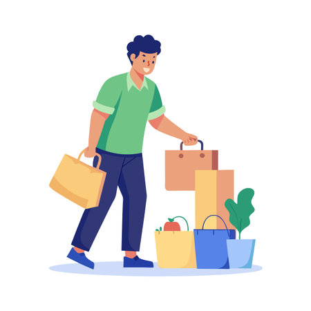 Man Carries Shopping Bags Full of Groceries and Purchases After a Successful Day of Shoppingのイラスト素材