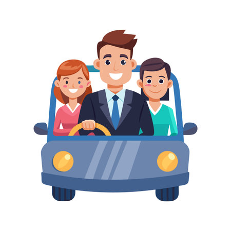 Cartoon illustration of a family driving a blue car with a cheerful expressionのイラスト素材