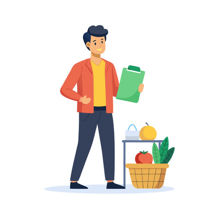 Young man with clipboard standing next to the table with a basket of fresh foodのイラスト素材