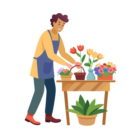 Florist arranging colorful flowers on a wooden table in a bright and cheerful shopのイラスト素材