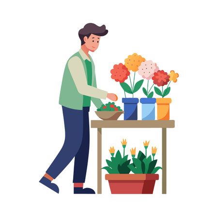 Young man arranging potted flowers at a garden center or floral shop displayのイラスト素材