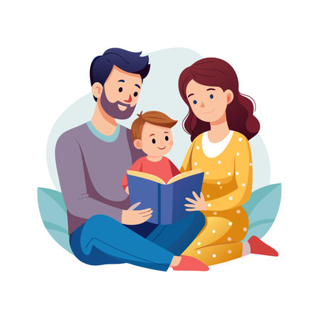 Family Time: Father, Mother, and Child Enjoying a Book Together in a Cozy Settingのイラスト素材