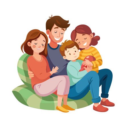 A happy family of four sitting closely together on a green pillow with smiles and closed eyesのイラスト素材