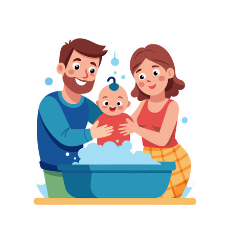 Happy family bathing a baby in a blue tub with water and bubblesのイラスト素材