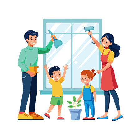 Happy family cleaning window and planting indoor plant together, a quality time momentのイラスト素材