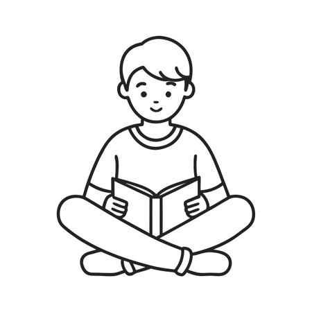 Minimalistic illustration of a boy sitting cross-legged reading a book with positive vibesのイラスト素材