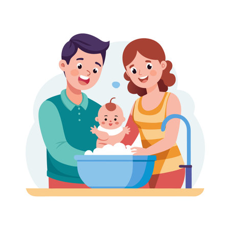 Parents happily giving their baby a bath in a blue basin full of bubblesのイラスト素材