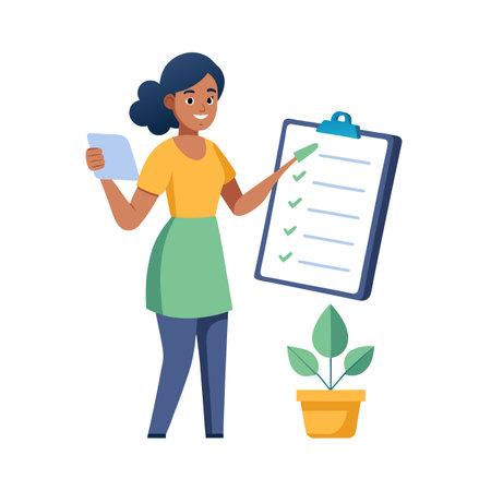 Young woman reviewing a checklist with a plant, symbolizing growth and development in workのイラスト素材
