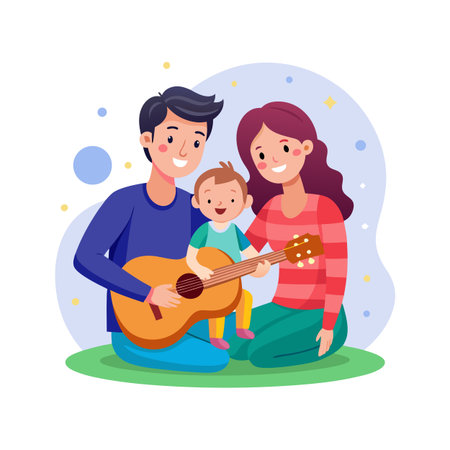 Happy family playing guitar together in a flat vector illustration for print mediaのイラスト素材