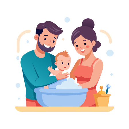 Happy parents bathing their baby in a small blue tub with soapy waterのイラスト素材