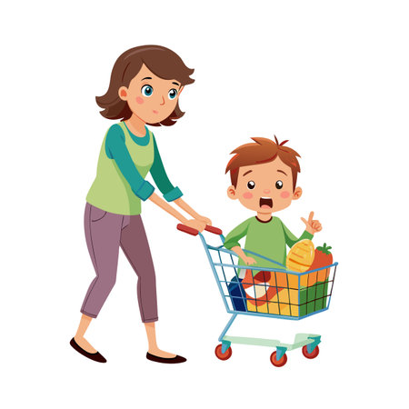 A mother pushing her son in a shopping cart filled with groceries and produceのイラスト素材
