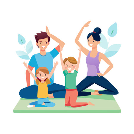 Happy Family Doing Yoga Together Illustration in Vector Flat Design for Health Promotionのイラスト素材