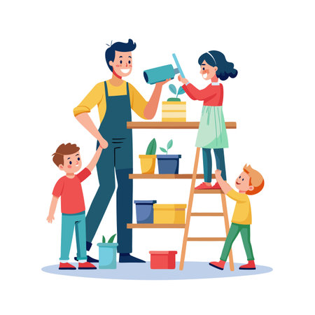 Family gardening together: father and children watering plants on shelves at homeのイラスト素材