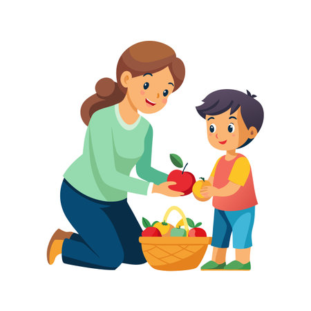 Mother and son sharing apples from harvest basket in cartoon style isolated on whiteのイラスト素材