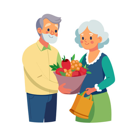 Happy elderly couple holding a bowl of fresh fruits and a shopping bagのイラスト素材