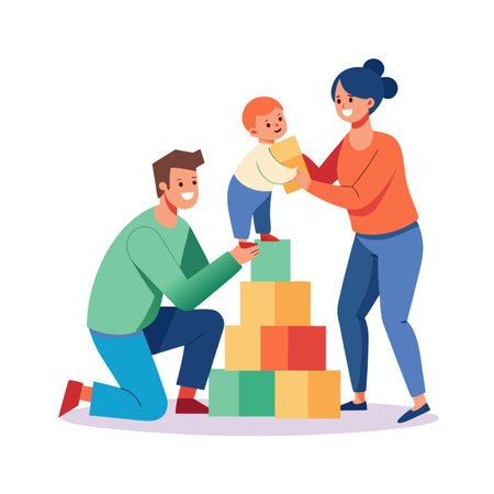Happy family building a tower of colorful toy blocks in a flat vector illustrationのイラスト素材